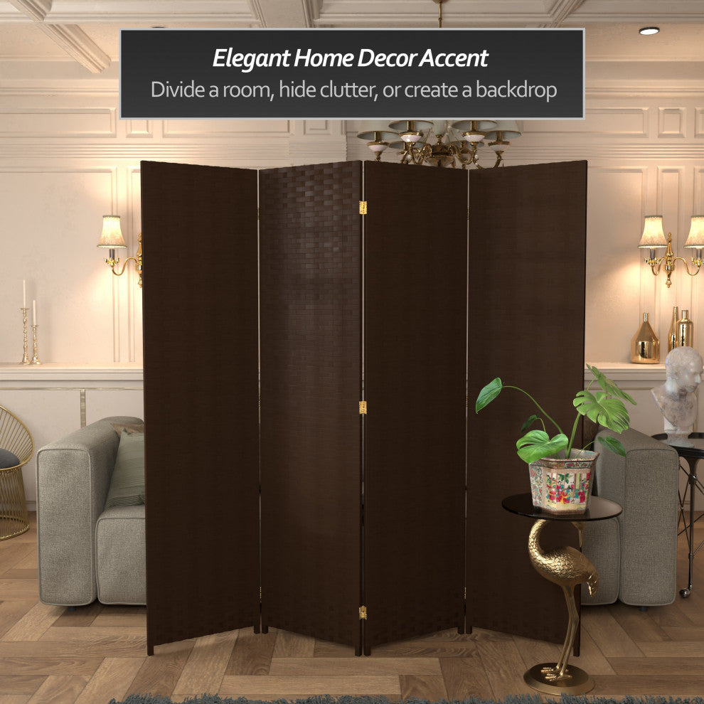 6' Tall Woven Fiber Room Divider, 4 Panel, Dark Mocha