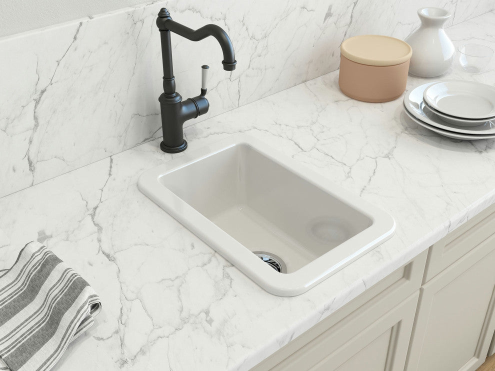 Sotto Dual-mount Fireclay 12" Single Bowl Bar Sink with Strainer in White