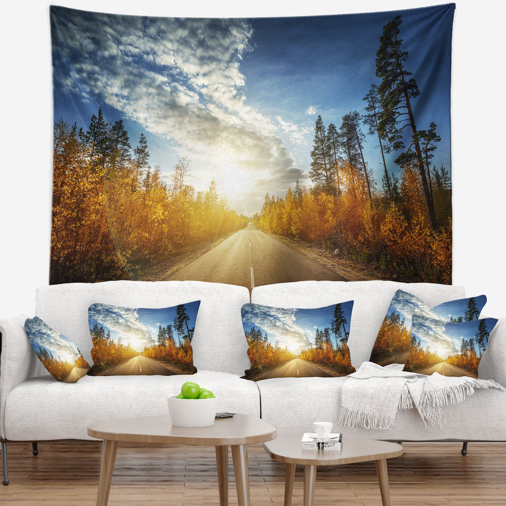 Road in Fall Forest Panorama Landscape Wall Tapestry, 39"x32"