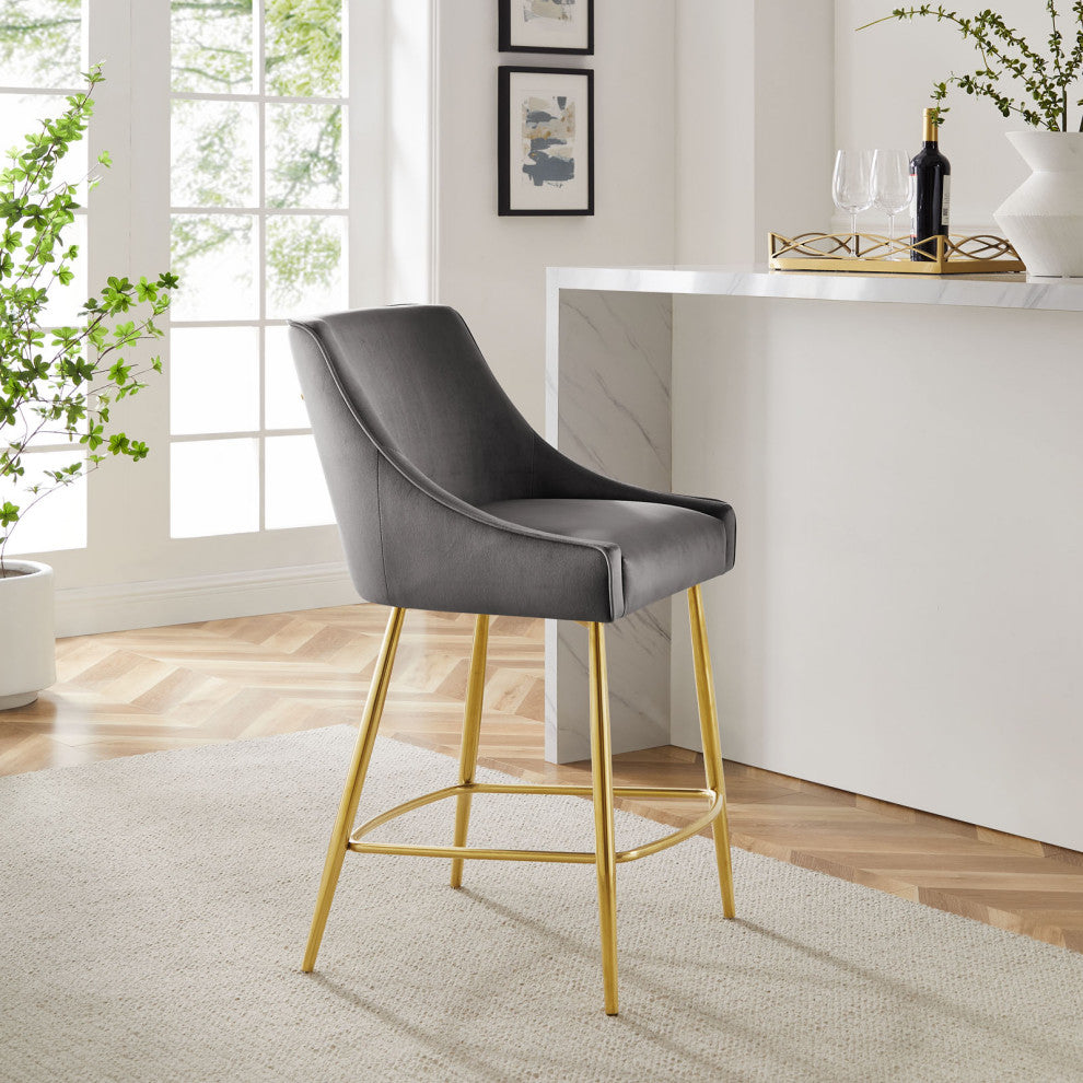 Counter Stool Chair, Gray, Velvet, Modern, Mid Century Bistro Dining