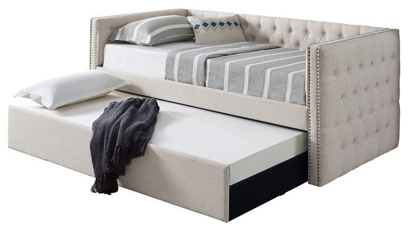 Best Master Tufted Fabric with Nailhead Twin Daybed and Trundle in Trina Beige