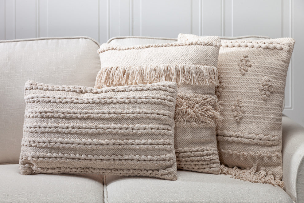 20" Ivory Woven Cotton Lumbar Pillow, Polyester Filling