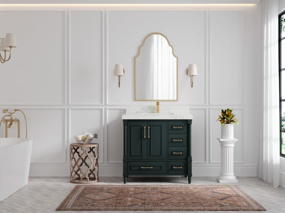Aberdeen 36 Center Sink Bath Vanity in Dark Forest Green 2" Calacatta Nuvo