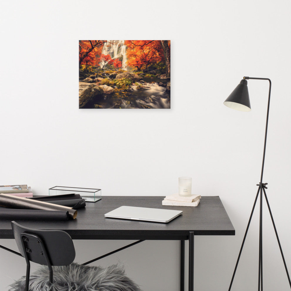 Waterfall in the Autumn Golden Shadow Effect Landscape Photo Canvas Art Print, 18" X 24"