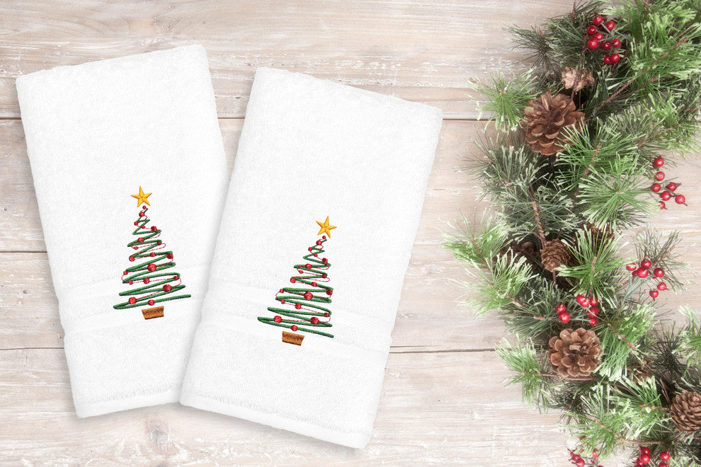 Christmas Tree, Embroidered Luxury Denzi Hand Towels, Set of 2, White