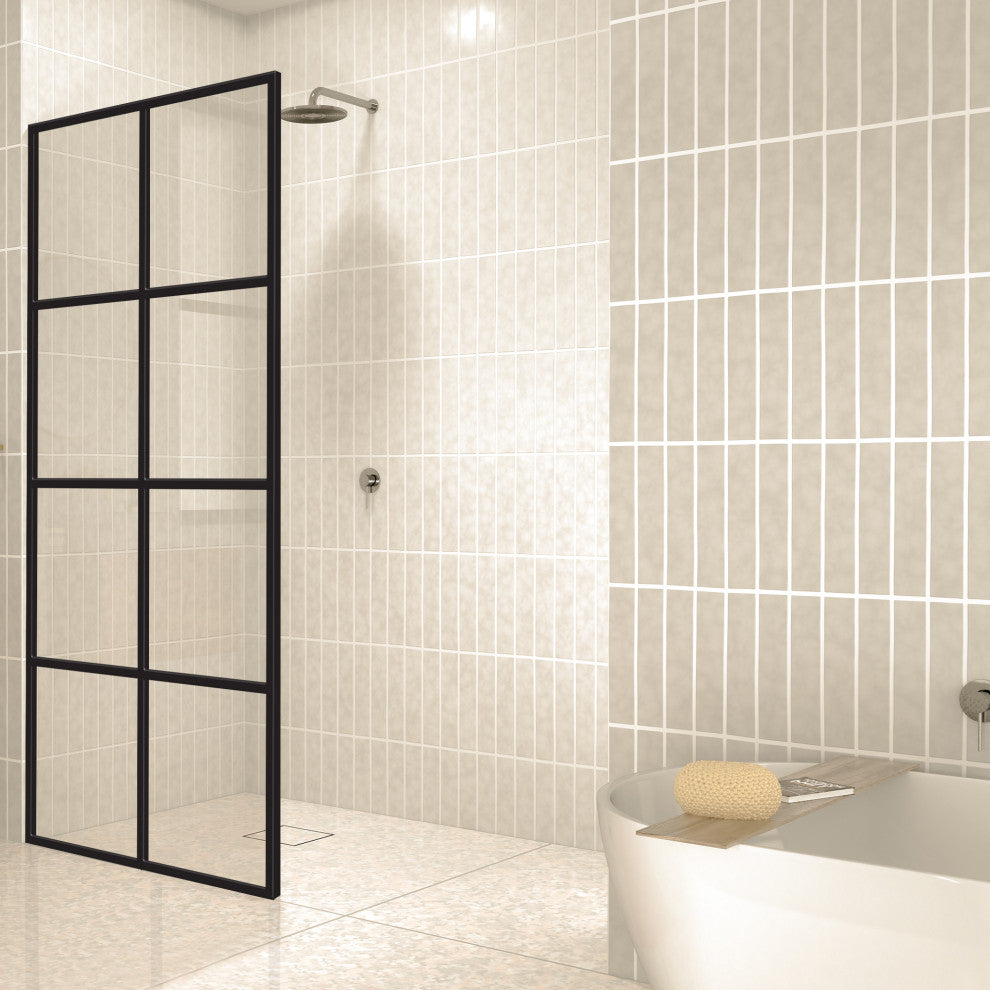 Madeira Grid Pattern Fixed Shower Screen, EnduroShield, Matte Black, 36"x76"