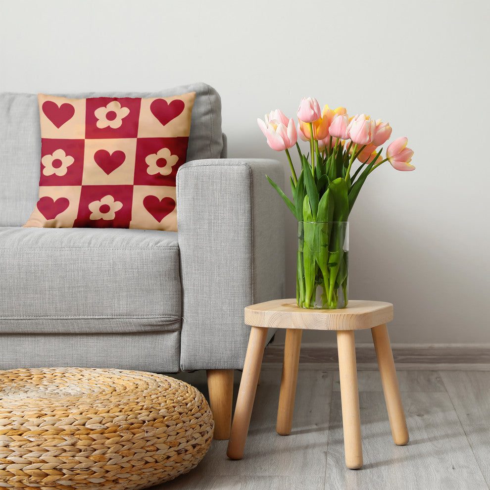 Heart And Flowers Grid Decorative Throw Pillow, Buddah, 20"x20"
