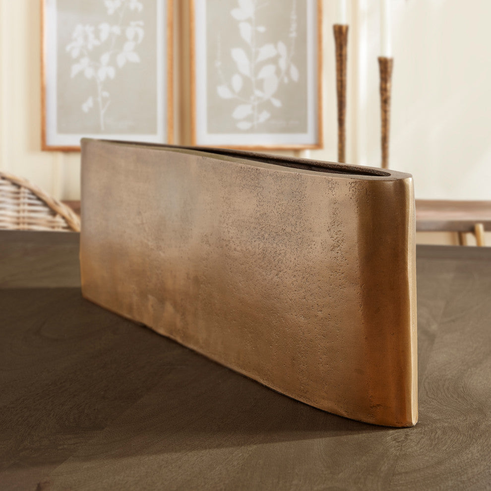 Minimalist Long Narrow Pitted Gold Oval Vase 21 in Wide Centerpiece Modern Brass