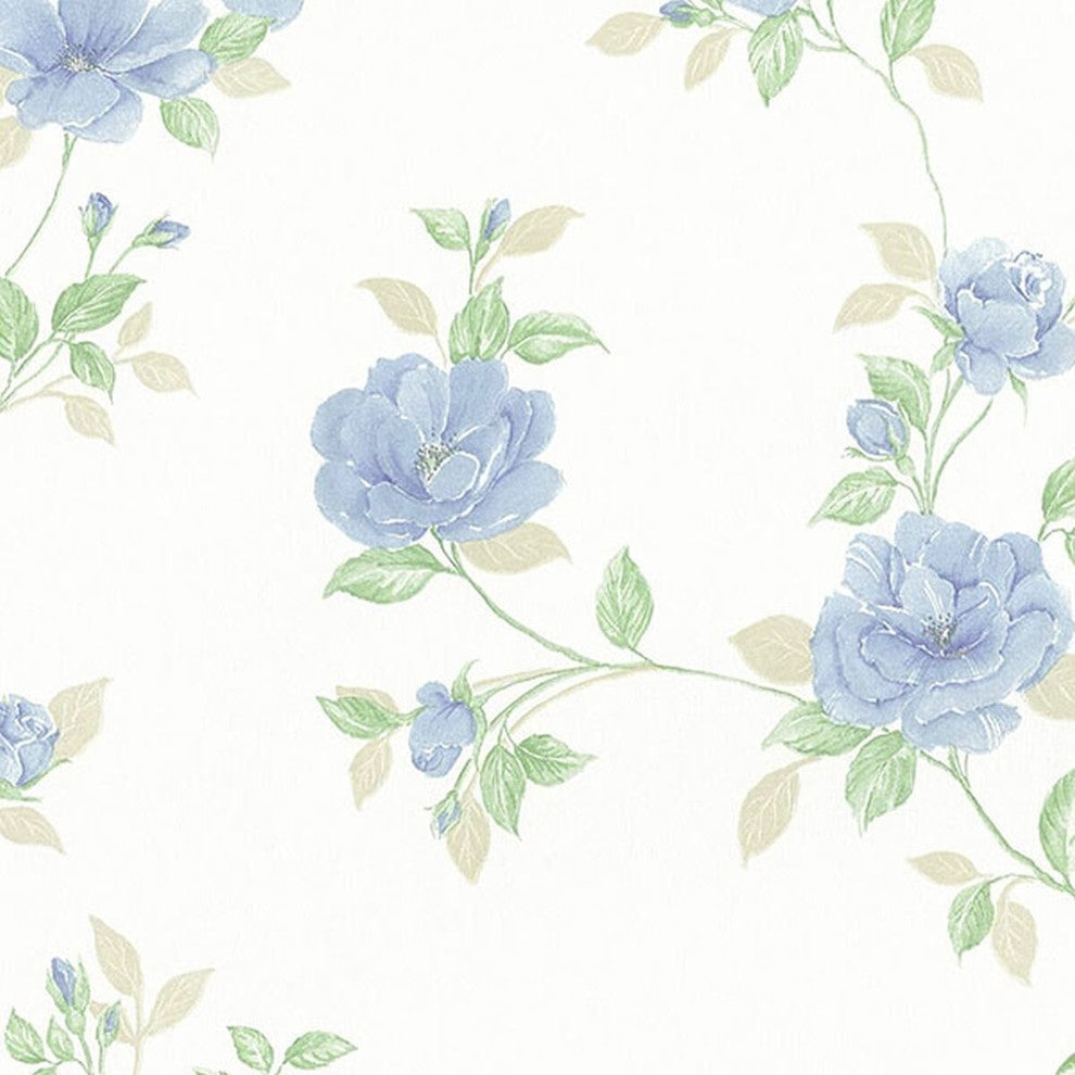 Silk Impressions 2, Contemporary Floral White, Light Blue Wallpaper Sample