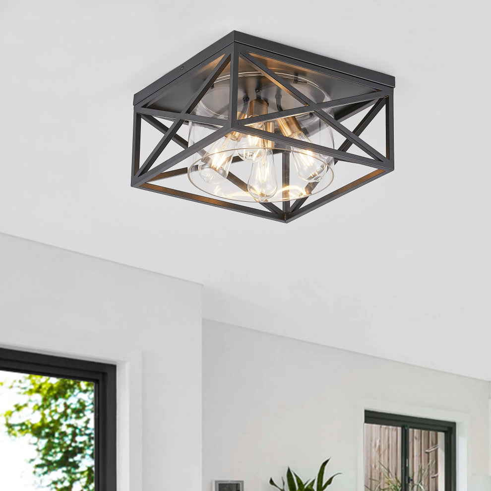 Industrial Flush Mount Ceiling Light Fixture With Glass Shade