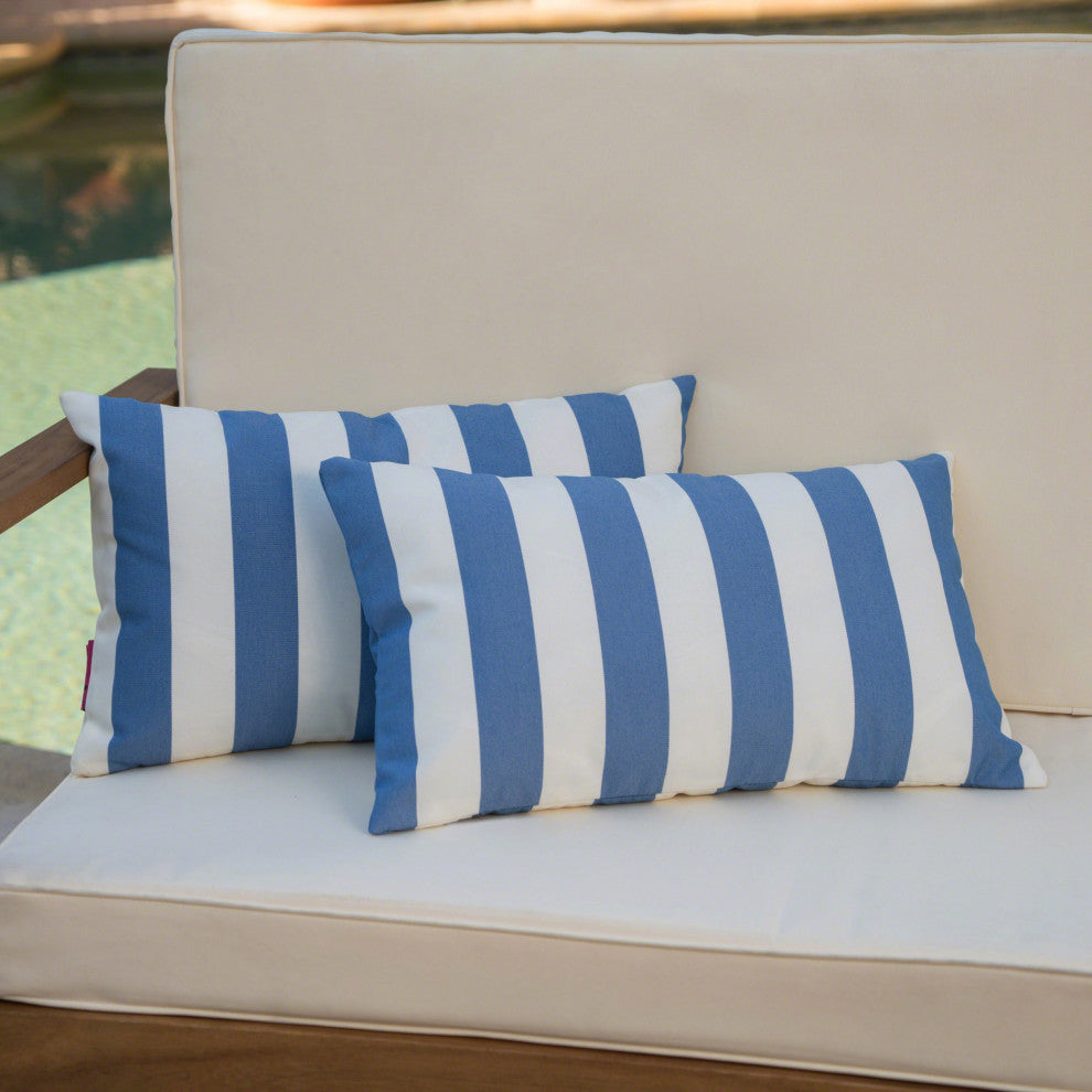 GDF Studio Coronado Outdoor Stripe Water Resistant Rectangular Pillow, Blue, Set of 2