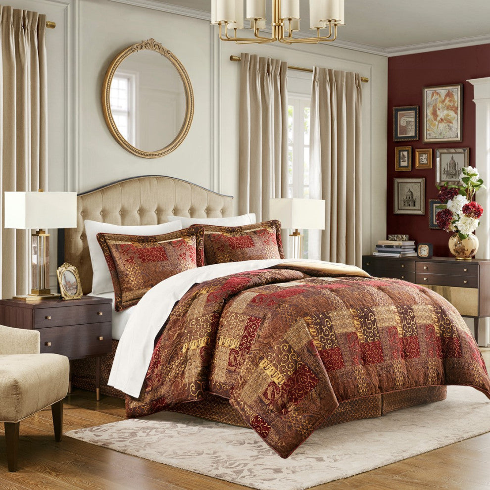 Croscill Galleria Traditional Patchwork 4-Piece Comforter Set, Red, Queen
