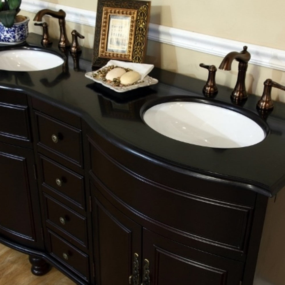 62" Double Sink Vanity-Dark Mahogany-Black  Galaxy