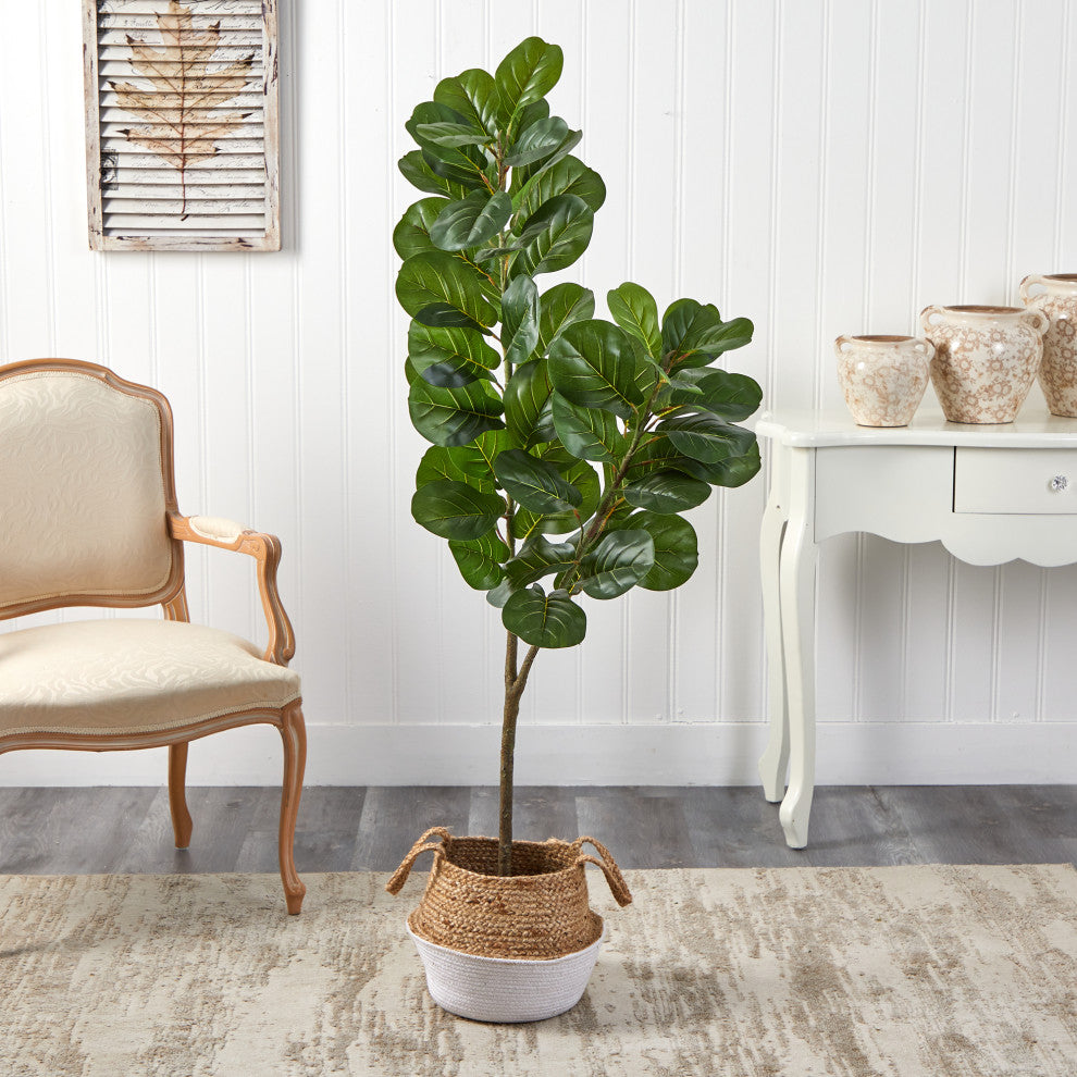 4.5' Fiddle Leaf Fig Faux Tree With Boho Chic Handmade Cotton & Jute Planter