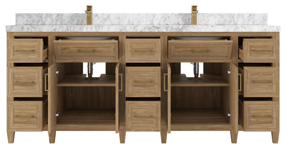 Santa Monica 84 Double Sink Bath Vanity in Whitewashed Teak 2" Carrara Marble