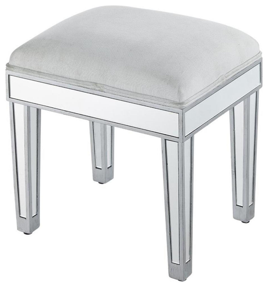 Elegant Decor Reflexion 18" Mirrored Fabric Vanity Stool in Beige and Silver
