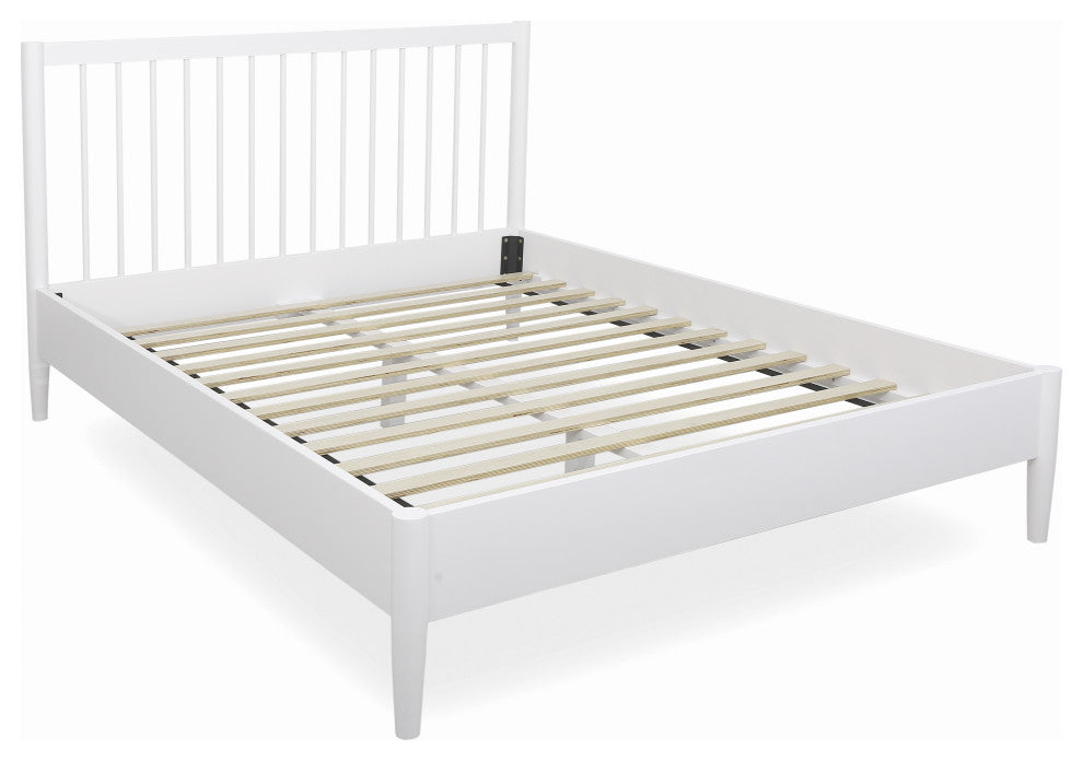 Modern Slatted Wood Headboard Platform Bed, White, Queen