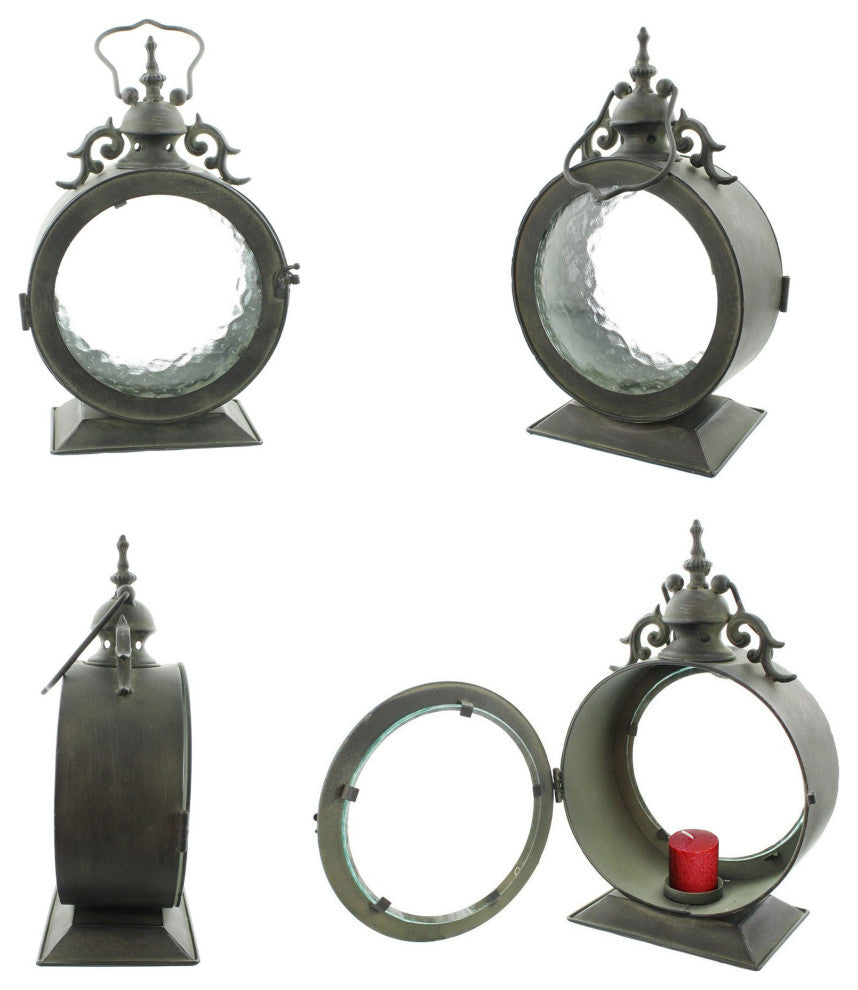 Metal Round Hanging Candle Lantern, Curved Glass Insert