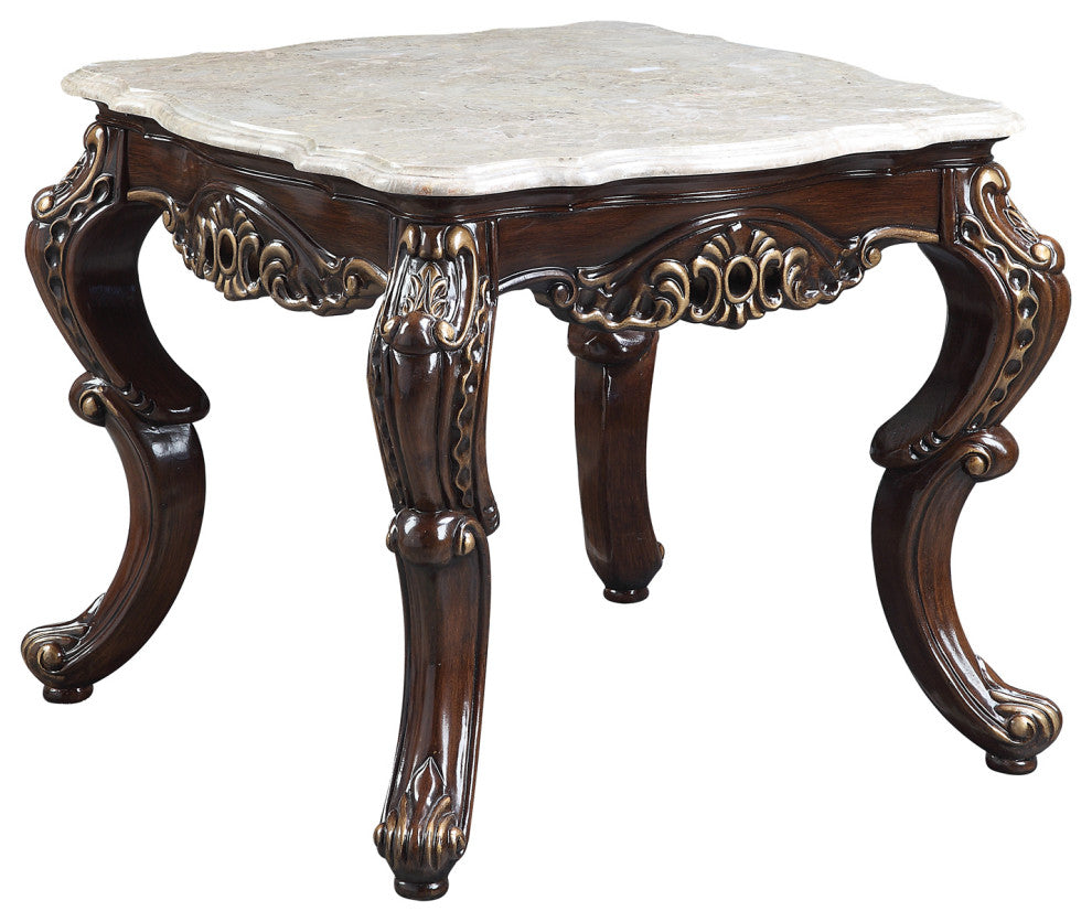 Wood and Marble End Table, Antique Oak and White