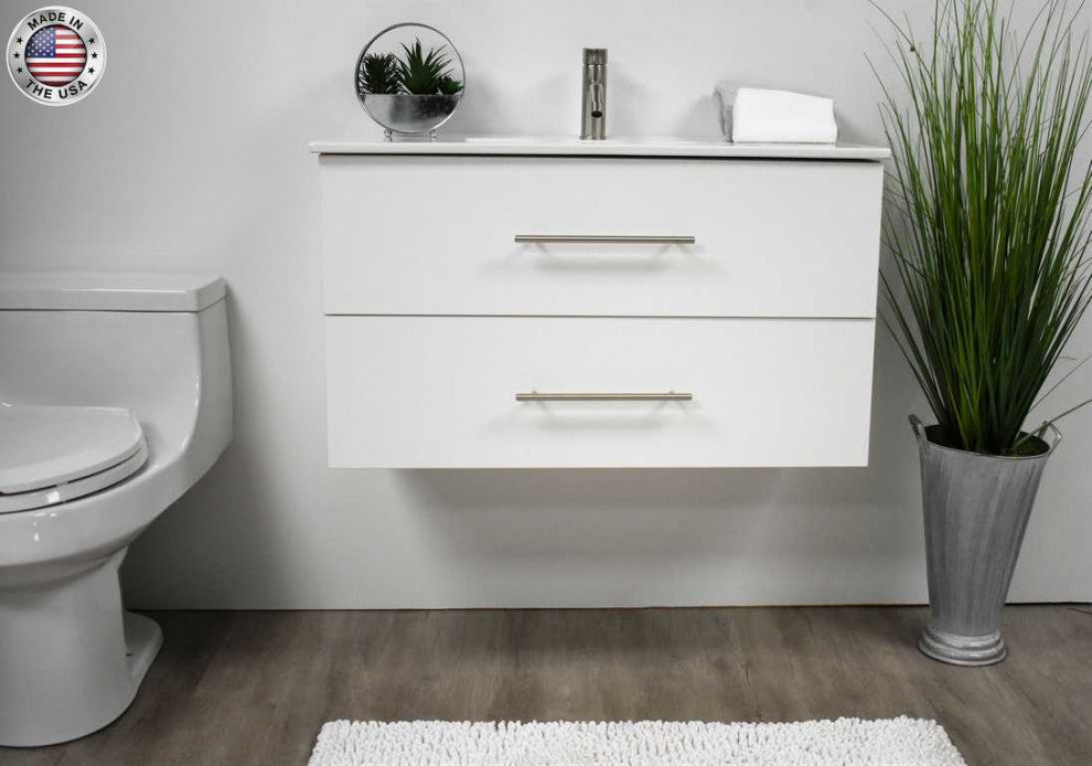 Napa 36" Modern Floating Bathroom Vanity With Ceramic Top and Round Handles, White
