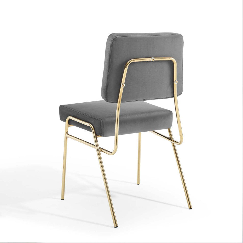 Side Dining Chair, Velvet, Metal, Gold Gray, Modern, Cafe Bistro Restaurant