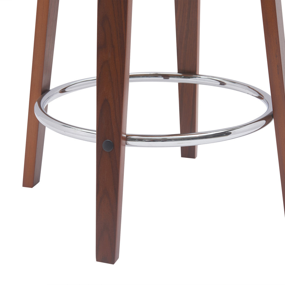 Pico 26" Swivel Walnut Wood Counter Stool, Brown Faux Leather With Chrome, 26