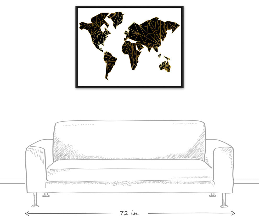 Geometric World Map 30x40 Black Floating Framed Canvas