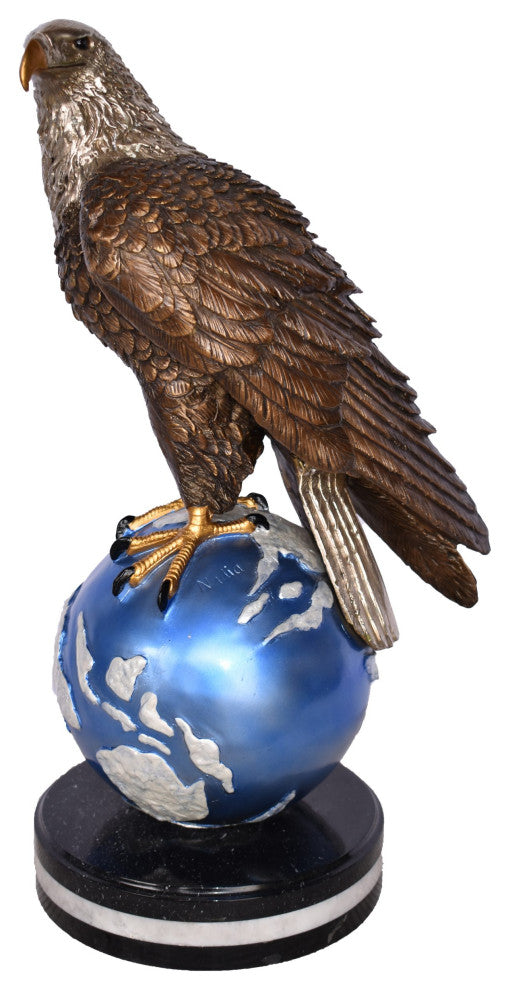 Bald Eagle Standing on a Blue Globe Bronze Statue Size: 17" x 9" x 23"H