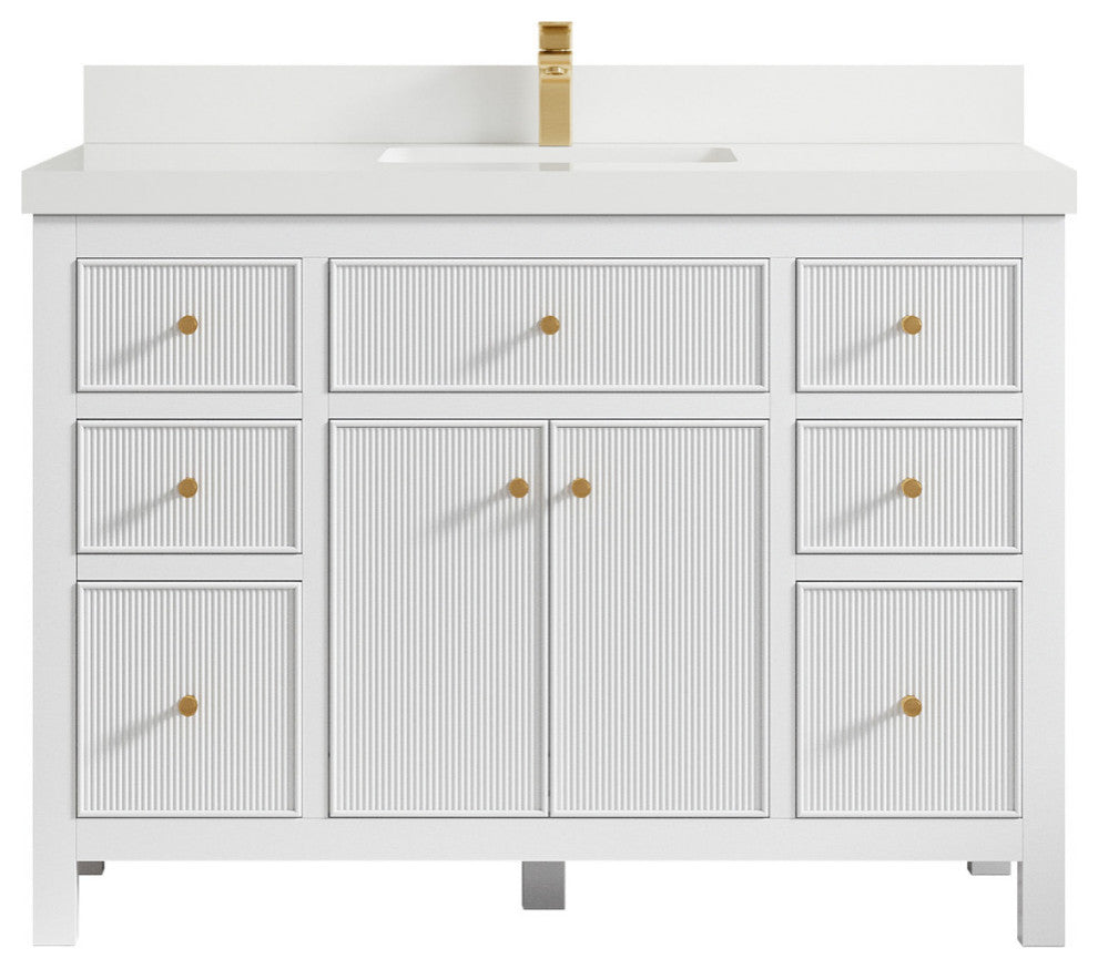Sonoma 48 Single Sink Reeded Bath Vanity in White 2" White Quartz