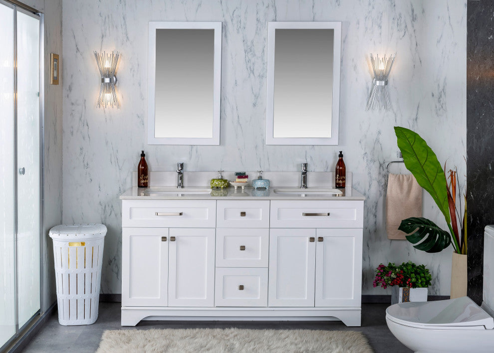 Livia Collection 60" Bathroom Vanity With Sink, Mirror, Countertop, White