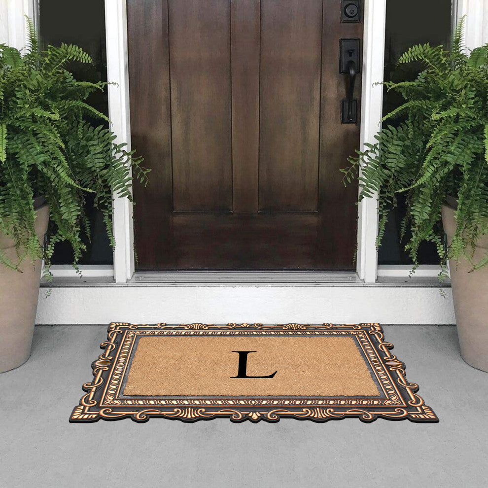 Carson Bronze/Beige Rubber And Coir 24"x36", Monogrammed Doormat, L