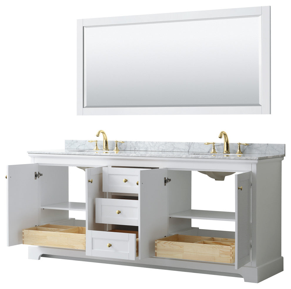80"DBL Bath Vanity White, Carrara Countertop, Sinks, 70" Mirror, Gold Trim