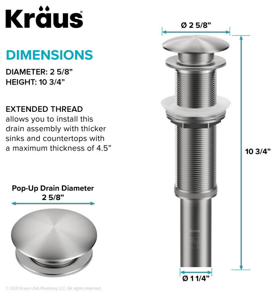 Pop Up Drain With Extended Thread, Spot Free Stainless Steel