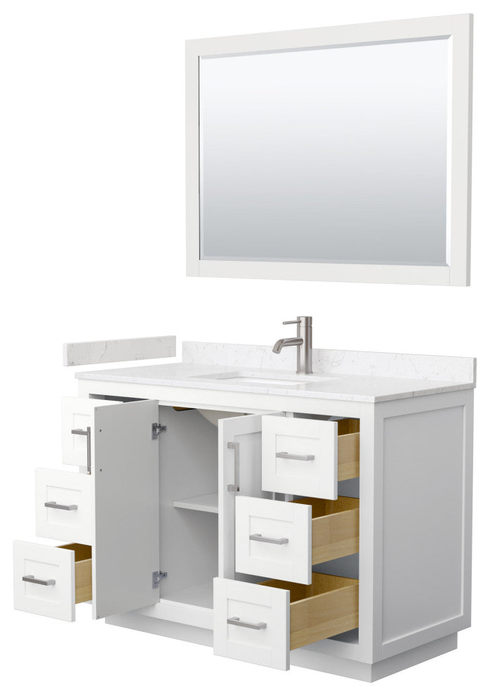 48"SGL Vanity White, Light-Vein Carrara Cult. Top, Sink, Nickel Trim, 46"Mirror