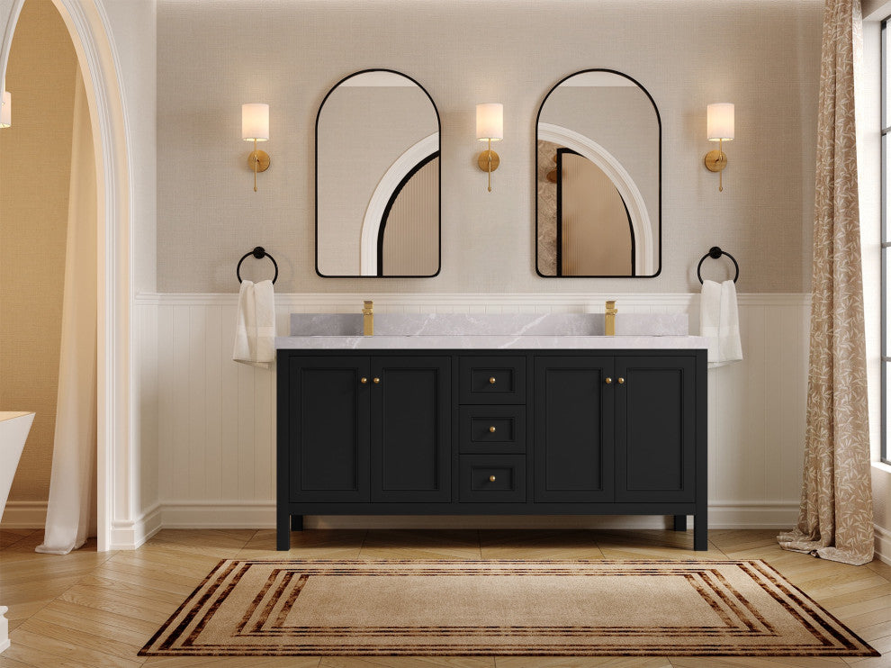 Nashville 72" Double Sink Bath Vanity, Black 2" Pearl Light Gray