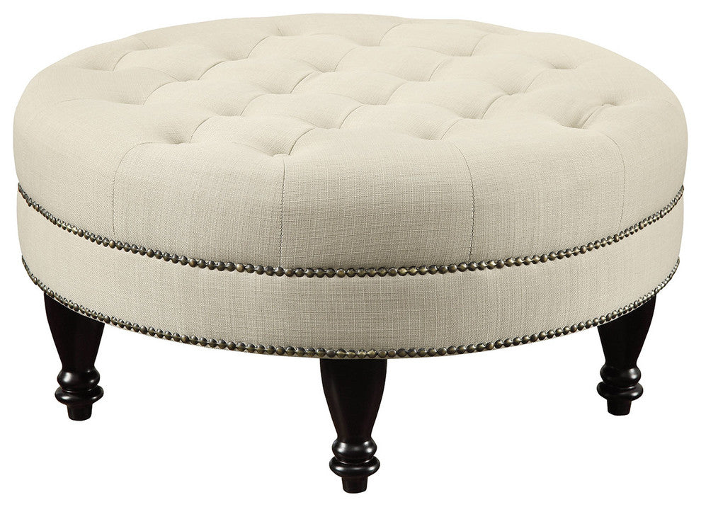 Traditional Round Linen-Like Fabric Cocktail Ottoman