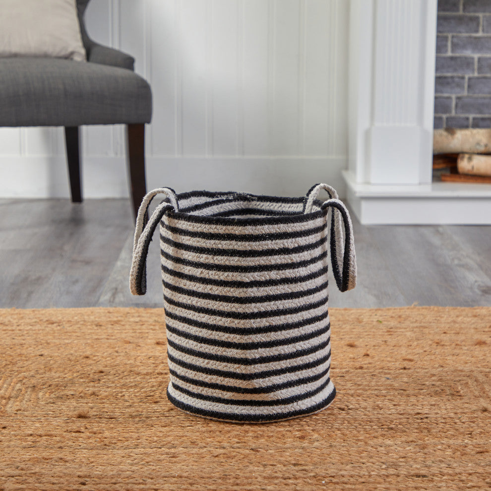 13" Boho Chic Basket Natural Cotton, Handwoven Black & White Stripe With Handles