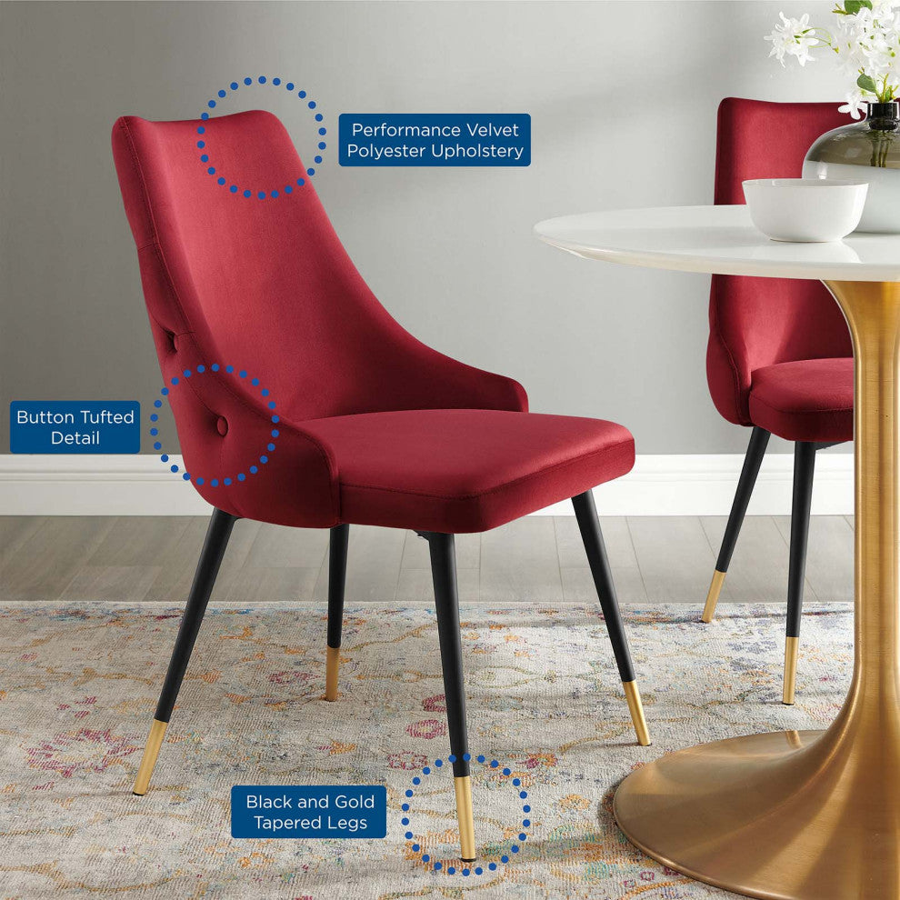 Tufted Side Dining Chair, Velvet, Red, Modern, Bistro Restaurant Hospitality