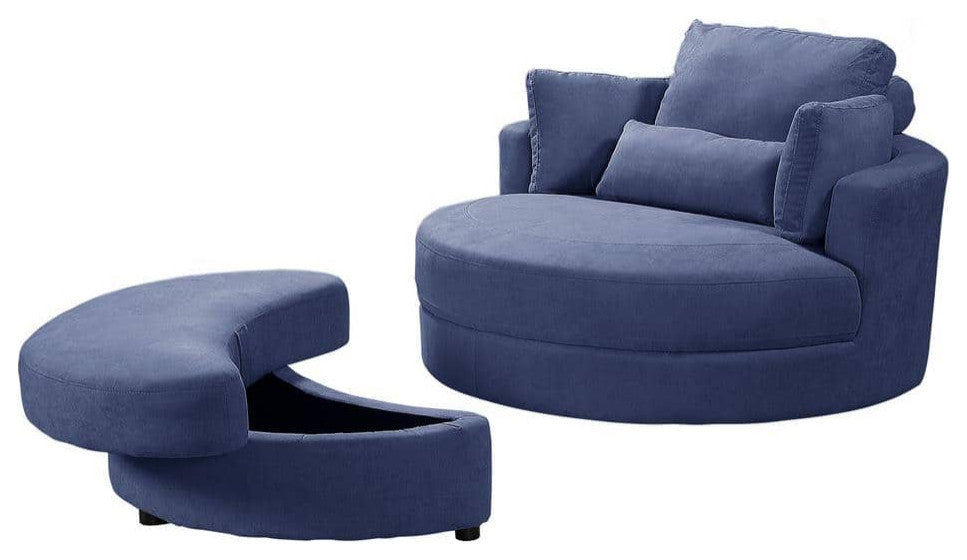 Modern Grey Sofa with a Storage and a Big Round Linen Fabric Chair for Lounge, Blue