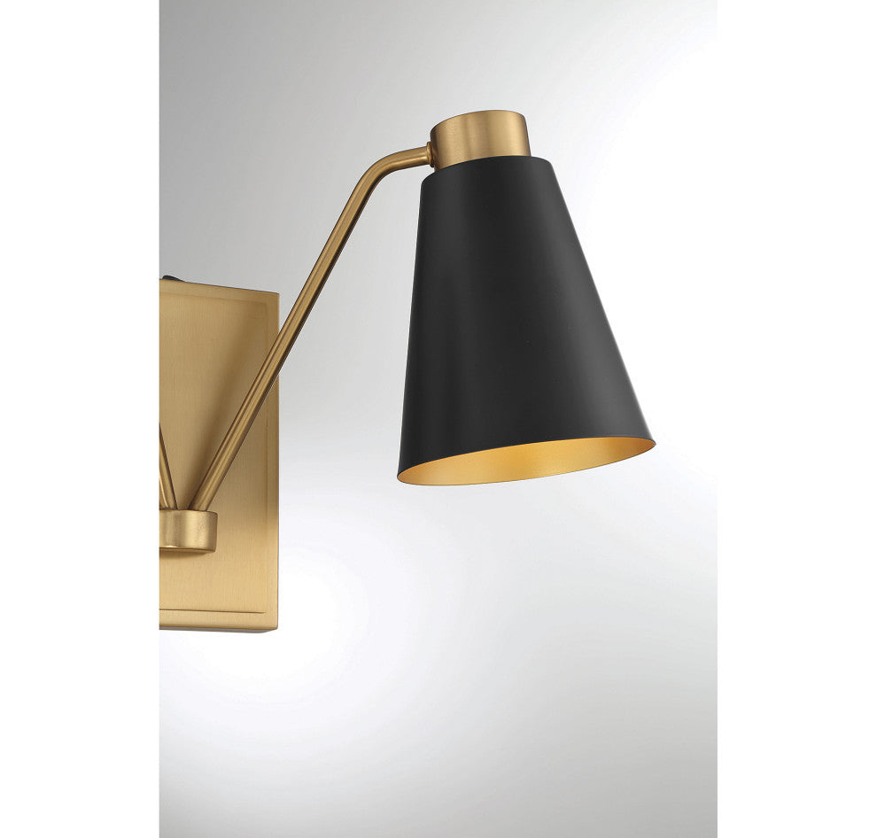2-Light Wall Sconce, Matte Black With Natural Brass