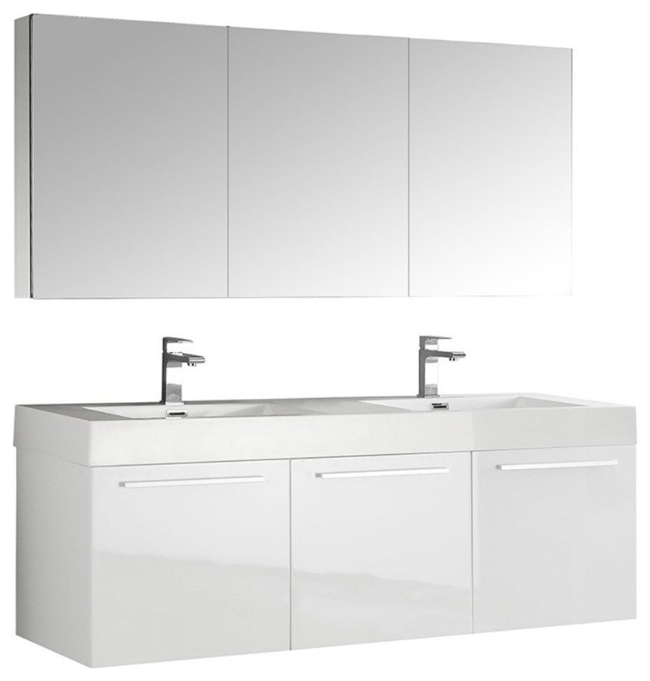 Vista 60" White Wall Hung Double Sink Modern Bathroom Vanity, FFT9151BN