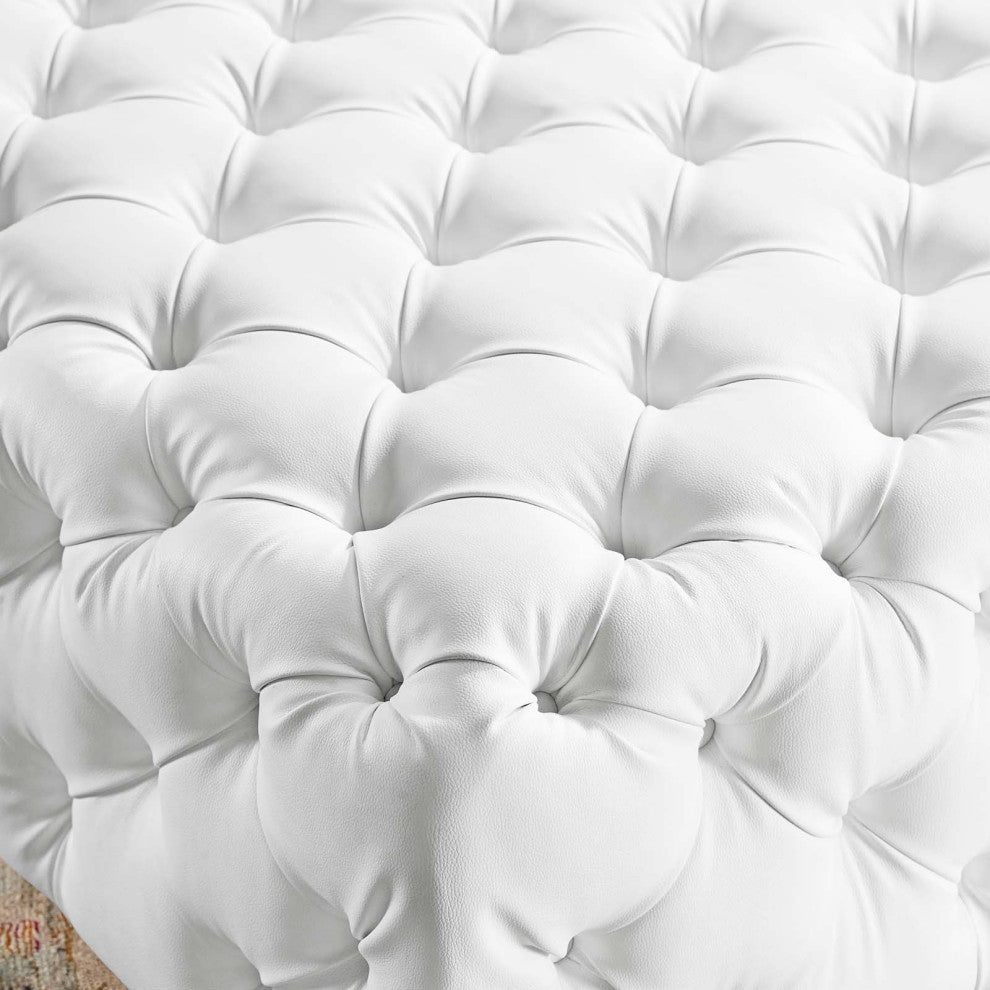 Tufted Accent Chair Ottoman, Square, Faux Leather, White, Modern, Lounge