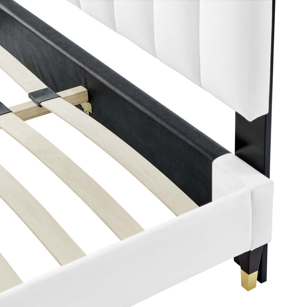 Platform Bed Frame, Queen Size, White, Velvet, Modern, Bedroom Guest Suite
