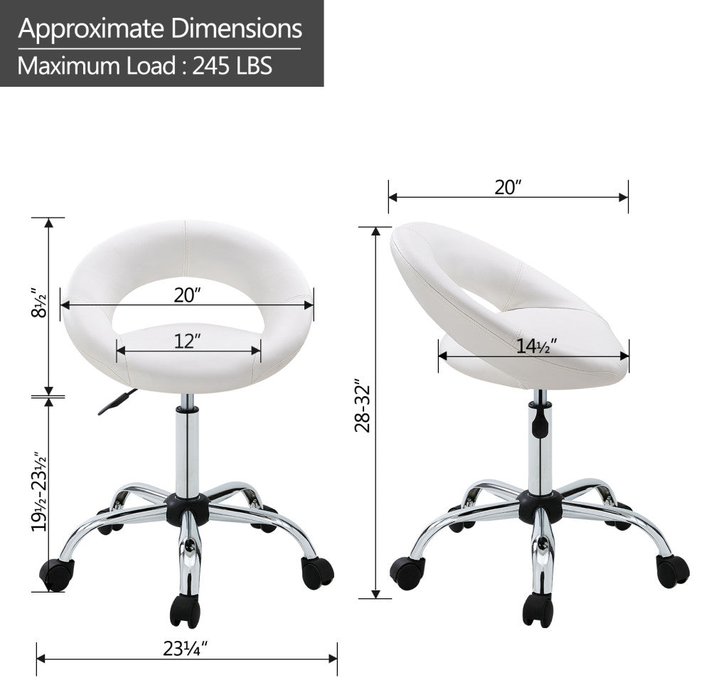 Open-Back Salon Spa Rolling Stool, White-Pu