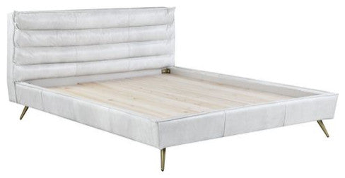 Alexa Top Grain Leather Platform Bed, Vntage White, Queen