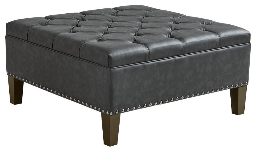 Madison Park Leathered Tufted Square Ottoman, Charcoal Grey