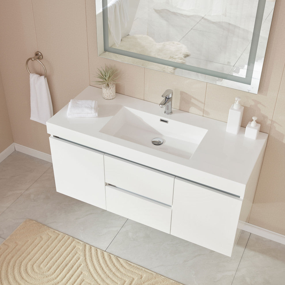 Vanity Art Wall-Hung Single-Sink Bathroom Vanity With Resin Top, 48"