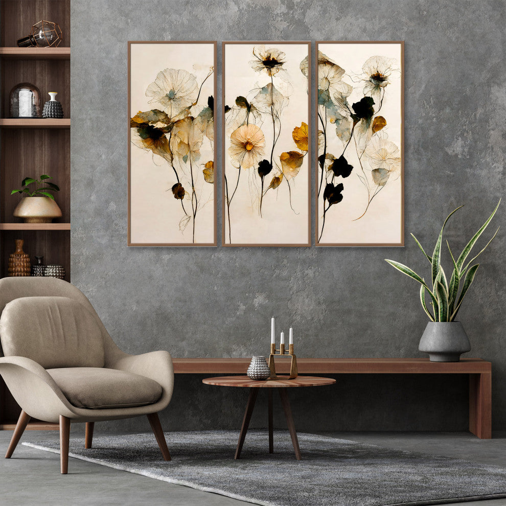 Beautiful Dry Flowers Framed 3-Piece Wall Art Set by Treechild, 20"x40", Framed