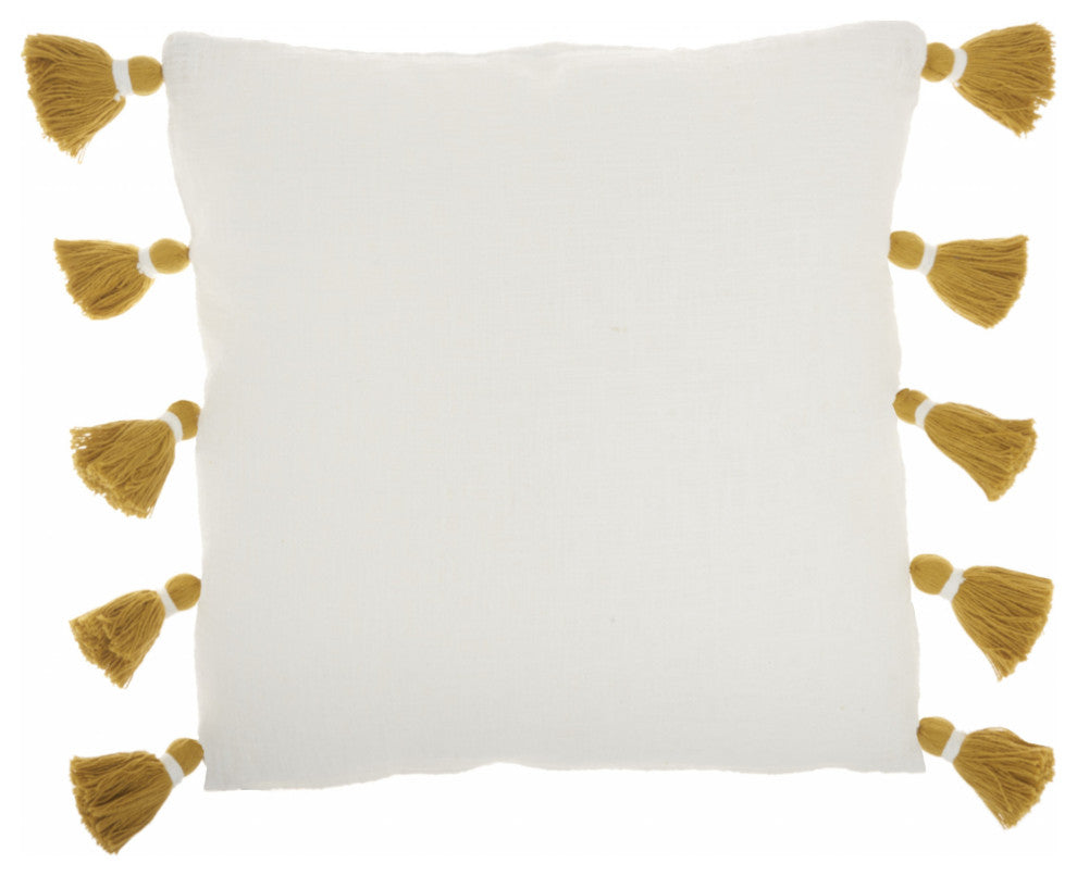 Bohemian White Cotton Accent Pillow With Mustard Tassel Details