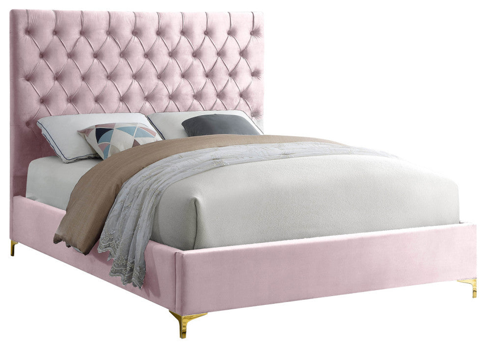 Cruz Velvet Upholstered Bed, Pink, Queen
